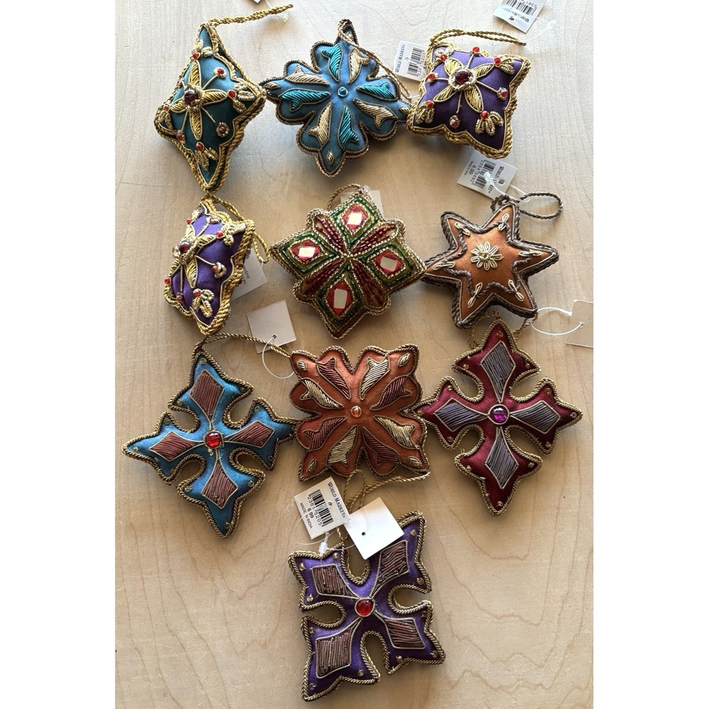 World Market Christmas Ornament LOT Of 10 NWT Gold Braid Beaded Maltese Cross